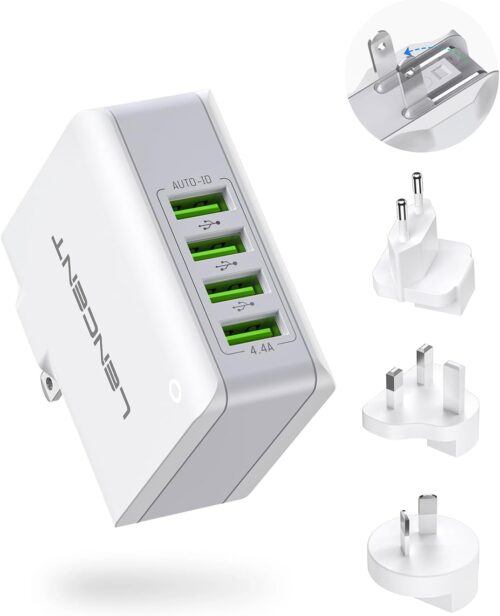 LENCENT Multiple USB Wall Charger, [22W/4.4A] 4 Port USB Travel Power Adapter, All in One Worldwide Cell Phone Charger With UK US EU European Australia, International Block Cube Plug for iPhone & IPad