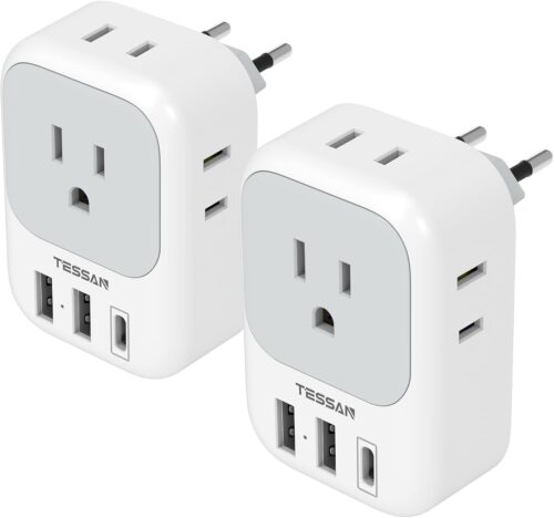 2 Pack European Plug Adapter USB C, TESSAN US to Europe Plug Adapter with 4 Outlets 3 USB Charger, Type C Power Adaptor to Italy Spain France Portugal Iceland Germany, Gray White