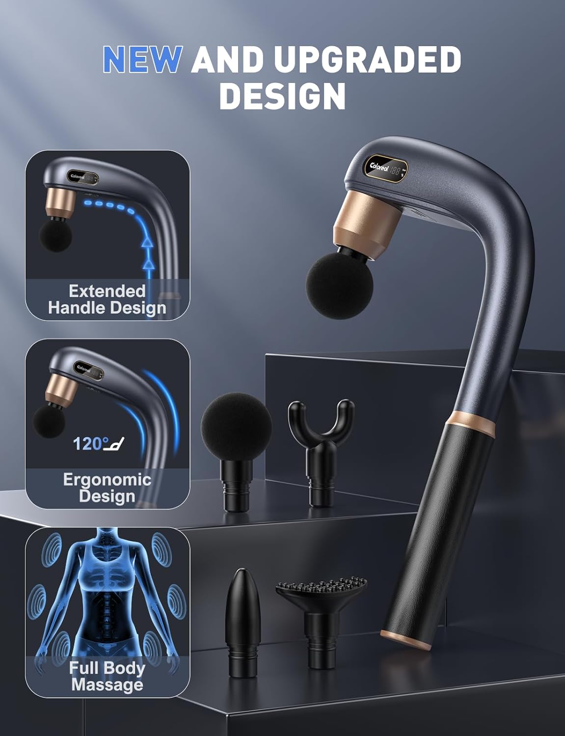 Massage Gun with Extended Handle, Back Massager for Pain Relief Deep Tissue, Handheld Percussion Massager Gun with 4 Massage Heads and 3 Modes, Full Body Massage for Neck Shoulder Waist Leg Muscle - Image 2