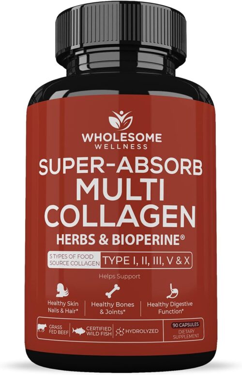 Wholesome Wellness Super-Absorb Multi Collagen Pills (Type I II III V X) Organic Herbs & Bioperine – Hair, Skin, Nails, Joints – Hydrolyzed Peptides Protein Supplement for Women & Men (90 Capsules)