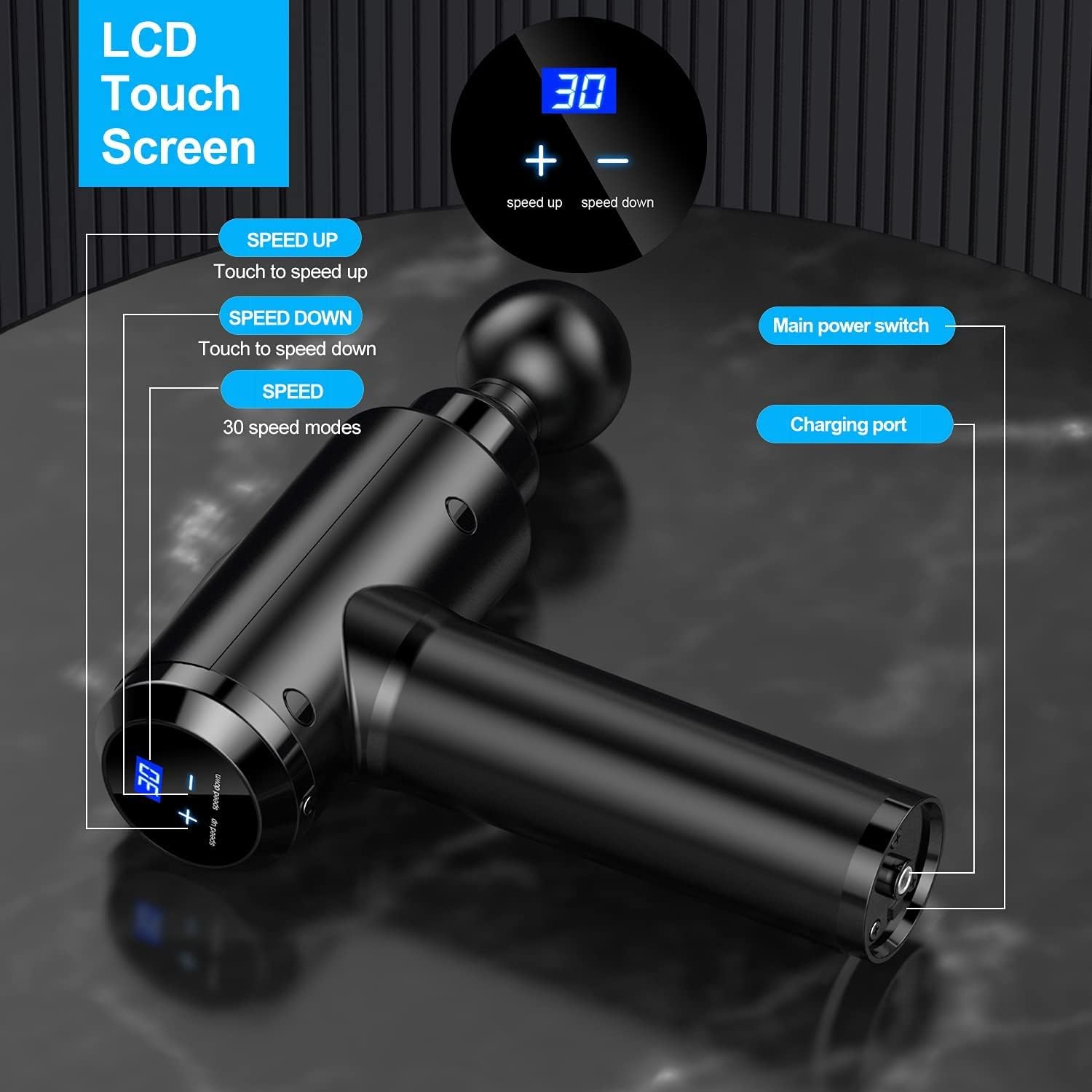 Massage Gun Deep Tissue Percussion Handheld Body Back Muscle Massager with 8 Massage Heads and LCD Touch Screen for Athletes - Image 2