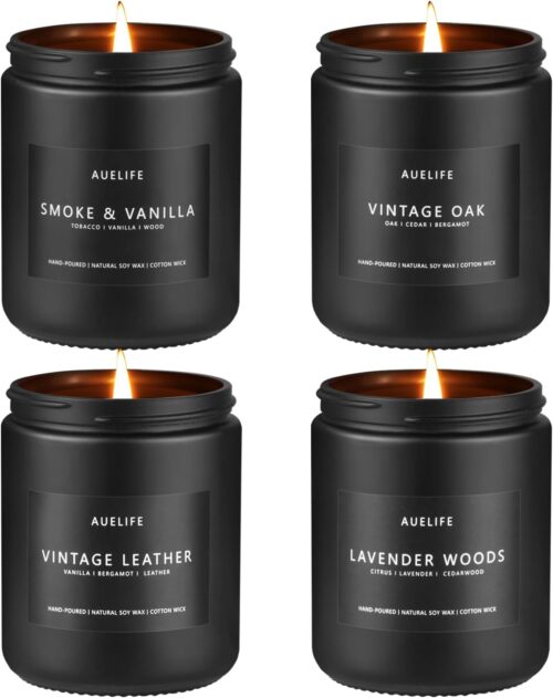 Scented Candles Set | Men Candle Set, Scented Candles for Home, Gifts for Men Aromatherapy Gift Set – 4 Pack Manly Gifts Soy Candle of Leather/Smoke & Vanilla/Oak/Lavender