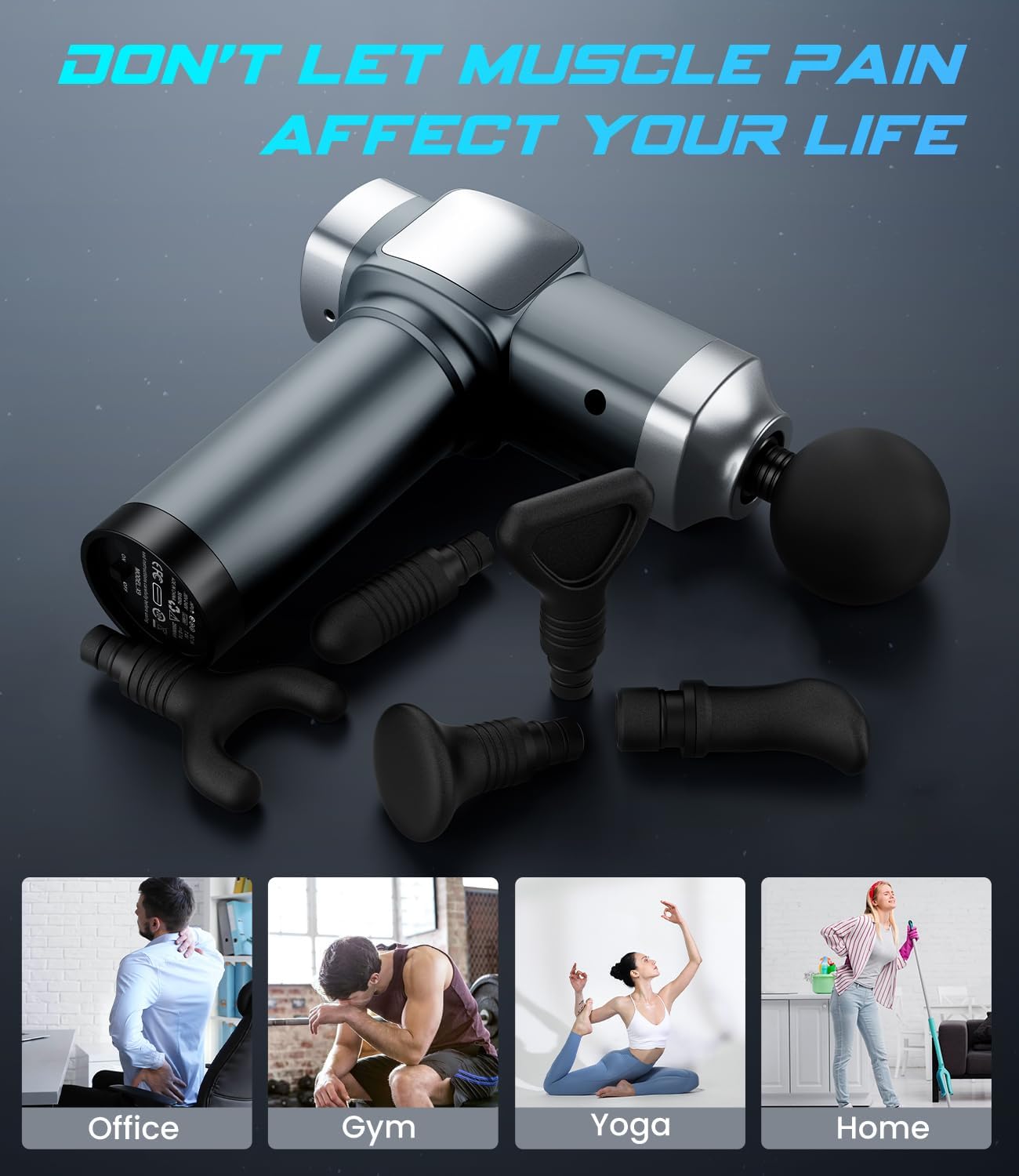 Massage Gun, Deep Tissue Massage Gun for Pain Relief, Handheld Electric Muscle Back Massager, Super Quiet Percussion Electric Massager with 30 Speed Levels 6 Massage Heads, Carry Case (Grey) - Image 6