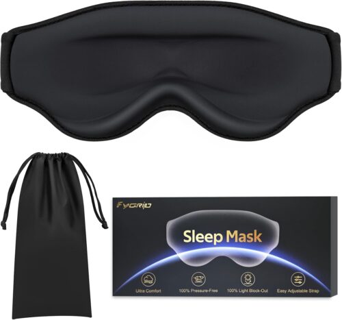3D Eye Mask Sleep Mask for Men & Women, Ultra Comfort 100% Pressure-Free & 100% Light Block-Out Eye Mask for Sleep with Easy Adjustable Strap, Night Eye Cover for Travel, Black