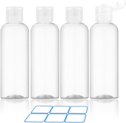 4 Pack 3.4 Oz (100ml) TSA Approved Travel Bottles for Toiletries, Leak Proof Plastic Travel Essentials Accessories with Labels