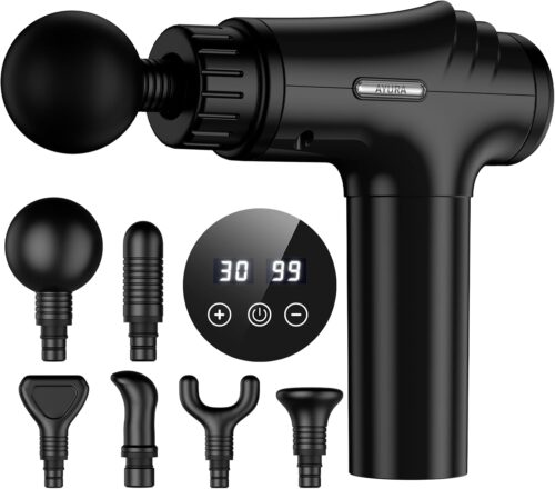 AYURA Massage Gun Deep Tissue, Percussion Muscle Massager Gun, Handheld Back Massager for Pain Relief, Mini Massage Gun with 30 Speeds and 6 Heads for Athletes Men Women