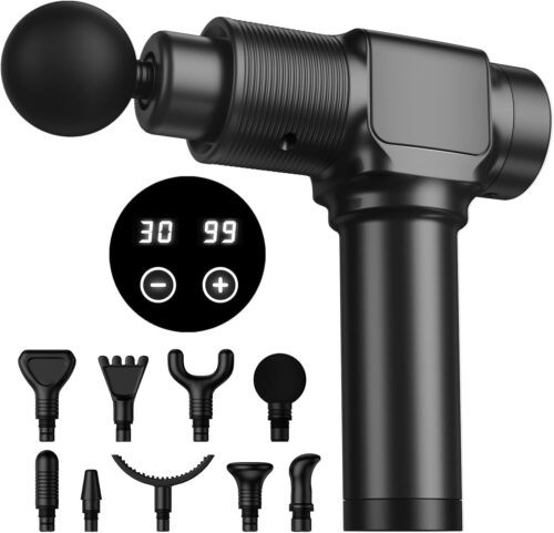 JQX Massage Gun, Deep Tissue Massager Gun for Pain Relief, Percussion Muscle Massage Gun for Athelets, Handheld Electric Back Massager with 30 Speed Levels & 9 Massage Heads