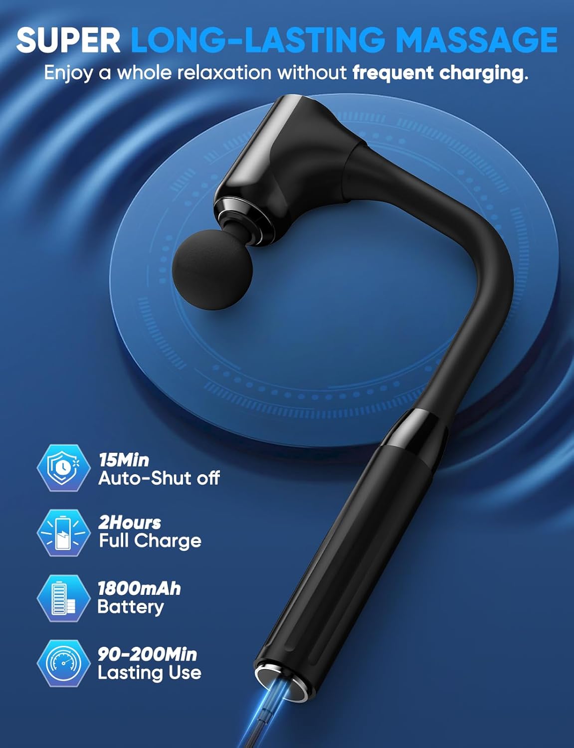 Massage Gun Deep Tissue - Back Massager for Pain Relief Deep Tissue with Extended Handle, 12MM Percussion Less-Shock Neck/Foot/Leg/Shoulder Massager, Infinitely Adjustable Speed & 4 Replaceable Heads - Image 4