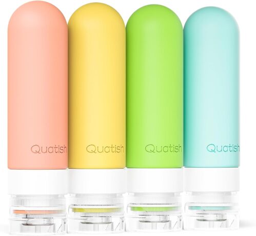 Quatish Travel Bottles for Toiletries, Original Patented Leak Proof Travel Size Containers, 3 oz Tsa Approved Silicone Shampoo and Conditioner Bottles, 4 Pack, Multi-Color