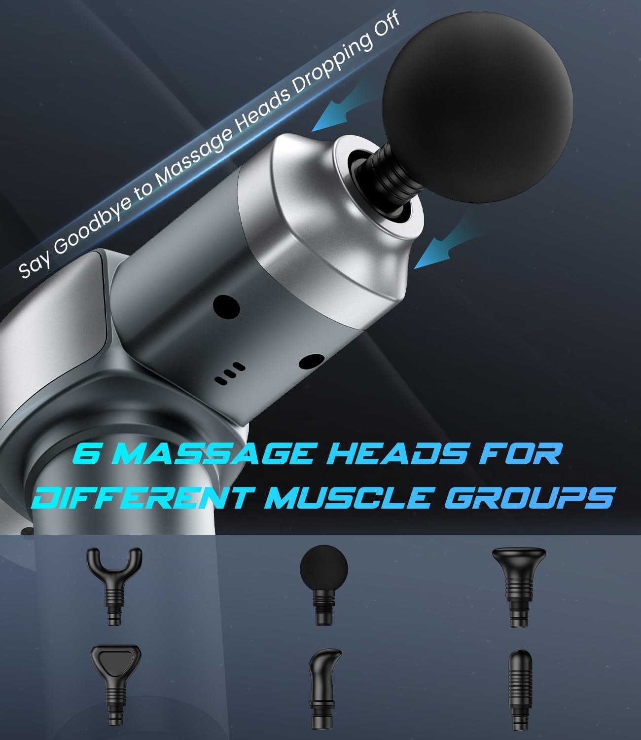 Massage Gun, Deep Tissue Massage Gun for Pain Relief, Handheld Electric Muscle Back Massager, Super Quiet Percussion Electric Massager with 30 Speed Levels 6 Massage Heads, Carry Case (Grey) - Image 5