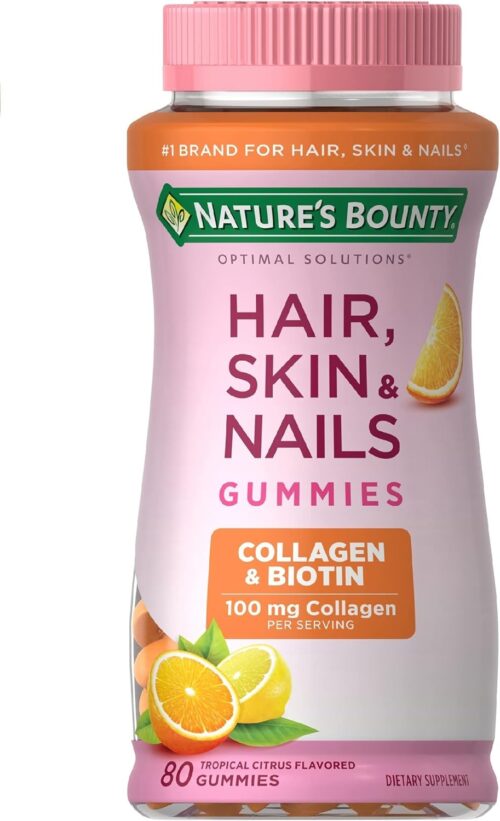Nature’s Bounty Optimal Solutions Hair, Skin & Nails with Biotin and Collagen, Citrus-Flavored Gummies Vitamin Supplement, 2500 mcg, 80 Ct, 40 Total Servings