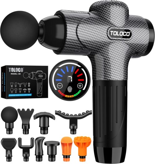 TOLOCO Massage Gun, Upgrade Deep Tissue Back Massager with 10 Replacement Heads, Percussion Massage Guns for Athletes for Pain Relief, Super Quiet Electric Massager for Treatment, Relax, Carbon