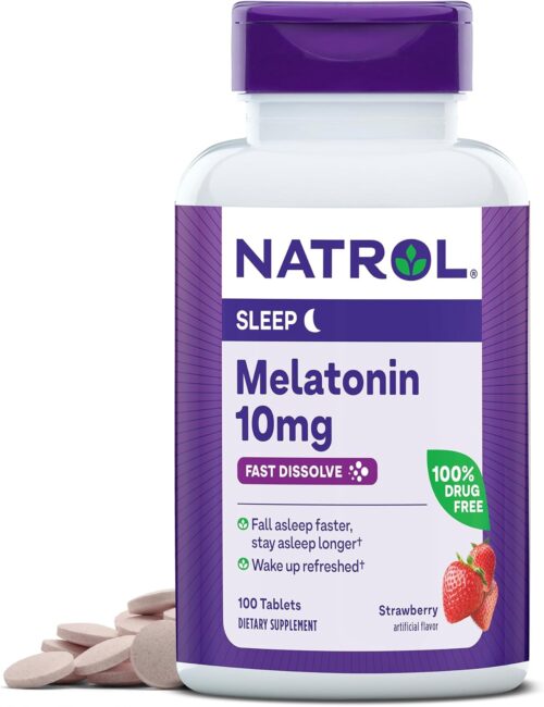 Natrol Fast Dissolve Melatonin 10mg Tablets – Strawberry Flavor, 100 Count, Sleep Support Melatonin Tablets for Adults, 100-Day Supply
