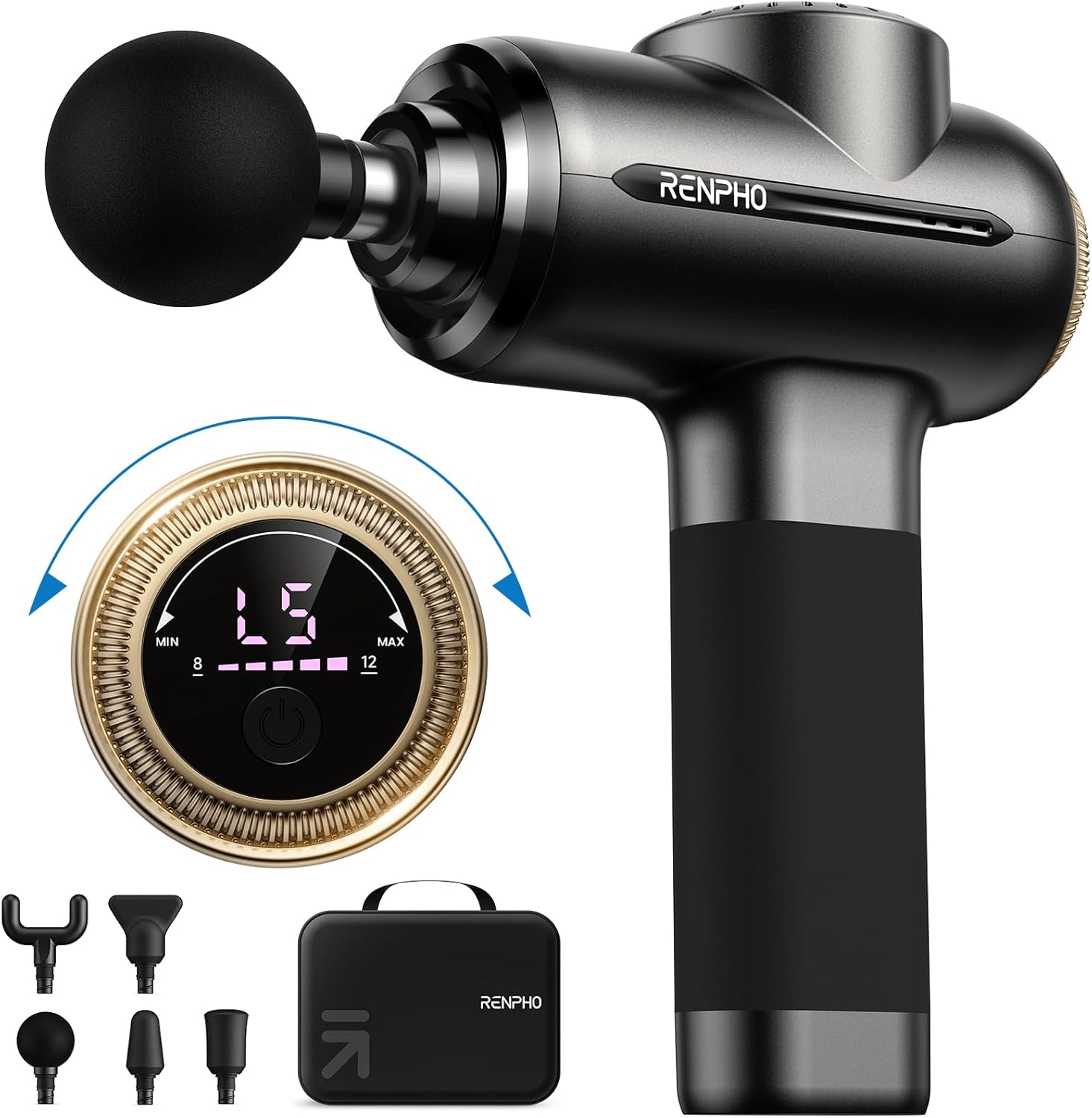 RENPHO Massage Gun Deep Tissue with 8-12mm Adjustable Amplitude Heavy-Duty, FSA HSA Eligible, Professional Percussion Muscle Massager with Portable Case for Athletes & Home Use, Active EVO