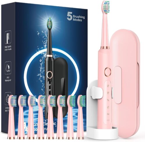 Rtauys M5 Sonic Electric Toothbrush for Adults and Kids – Rechargeable Electric Toothbrush Kids Ages 12+ and Adults with 8 Brush Heads & Travel Case, 120 Days Battery Life – Pink