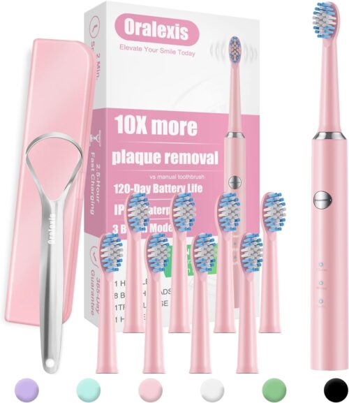 Electric Toothbrush for Adults and Kids, with Tongue Scraper and 8 Brush Heads, One Fast Charge Last 120 Days, 40000 VPM Deep Clean, Sonic Travel Toothbrush – Pink