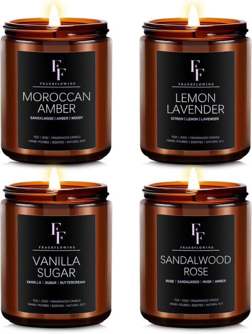Scented Candles for Home Scented Aromatherapy Candles, 4 Pack 28 Oz Soy Wax Candle Gift Set for Women Men (Lemon Lavender/Vanilla Sugar/Sandalwood Rose/Moroccan Amber)