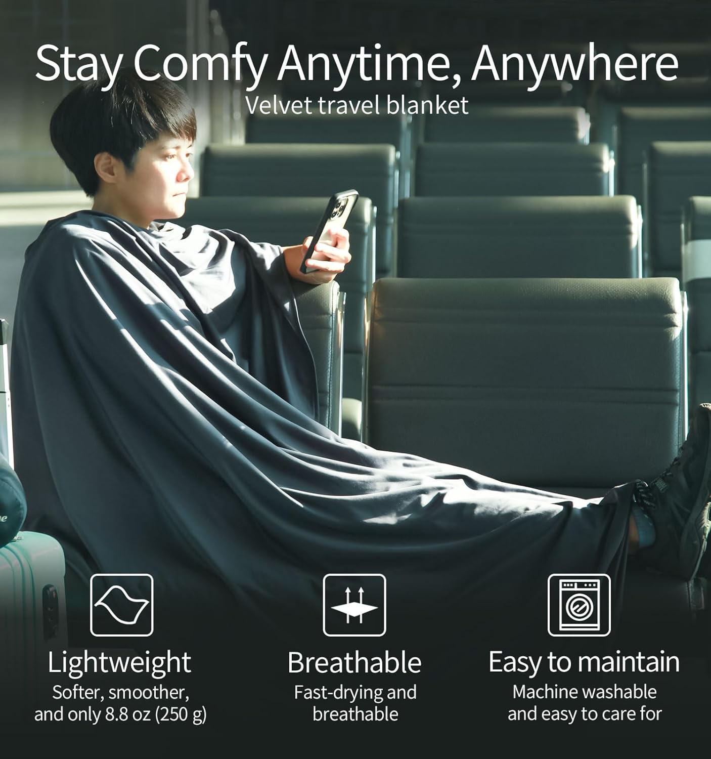 Travel Blanket Lightweight and Breathable, 67 x 48 Soft Airplane Blanket for Travelers, Foldable Camping Sheet with Stuff Sack for Train, Camp, Traveling (Velvet/Fleece) - Image 3