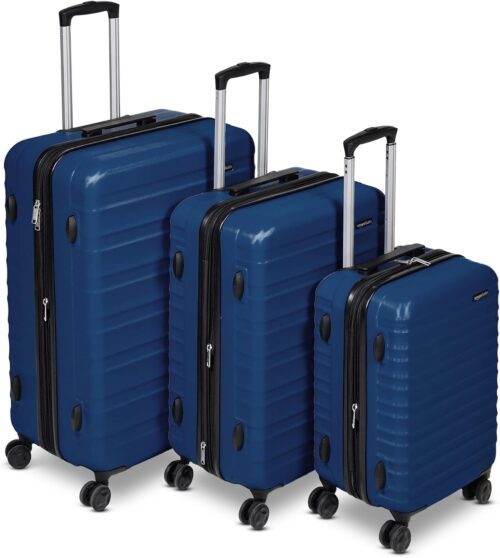 Amazon Basics 3-Piece Set (21″, 26″, 30″), Hardshell Suitcases With Wheels, Expandable For Up to 25% More Space, With Scratch-Resistant Surface, Four Multi-directional Wheels, Navy Blue