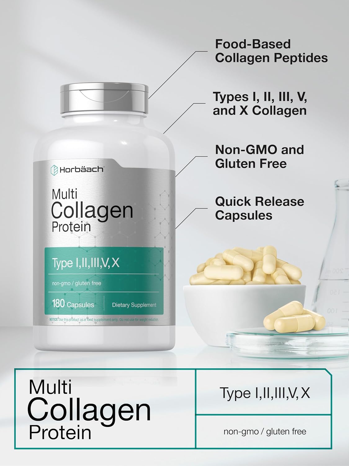 Horbäach Multi Collagen Protein 2000 mg | 180 Capsules | Hydrolyzed Collagen Type I, II, III, V, X | Keto & Paleo Friendly, Non-GMO, Gluten Free Supplement - Image 4