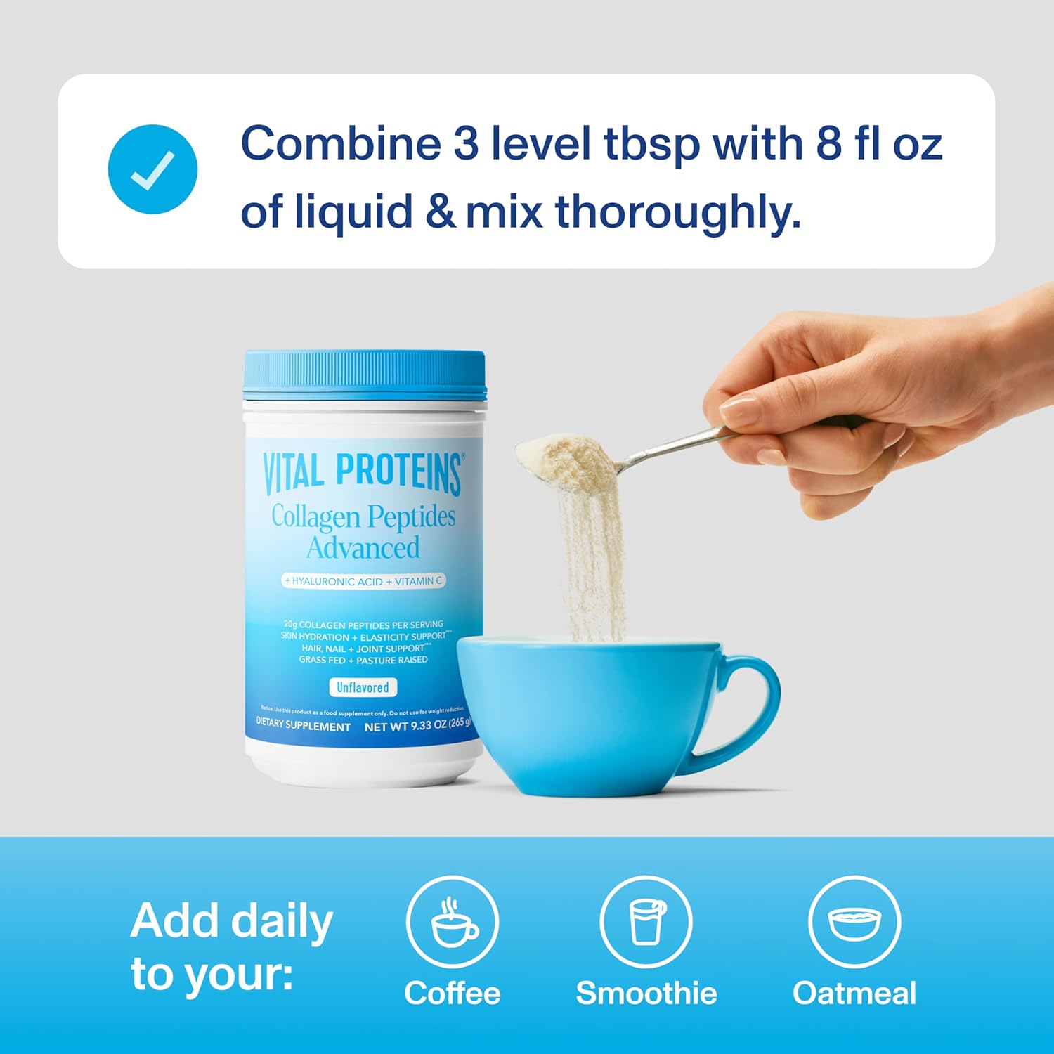 Vital Proteins Grass Fed Collagen Powder Supplement Hydrolyzed Peptides with Hyaluronic Acid and Vitamin C - Non-GMO, Dairy & Gluten Free Unflavored, 9.33oz - Image 5