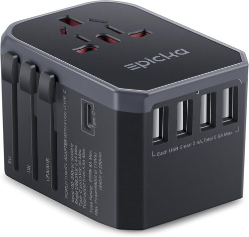 EPICKA Universal Travel Adapter, All in One International Power Adapter AC Plug Worldwide Charger Adaptor with USB-C and 4 USB Ports, Travel Essentials for Europe, UK, Japan, etc. (TA-105, Grey)