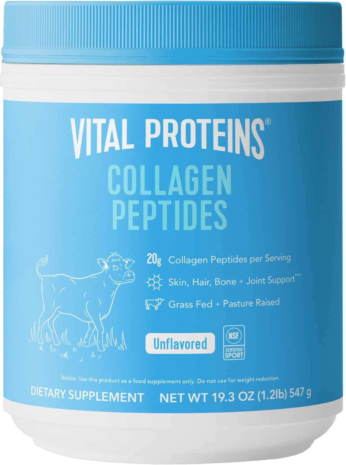 Vital Proteins Hydrolyzed Collagen Peptides Powder, Promotes Hair, Nail, Skin, Bone and Joint Health, Zero Sugar, Unflavored 19.3 oz