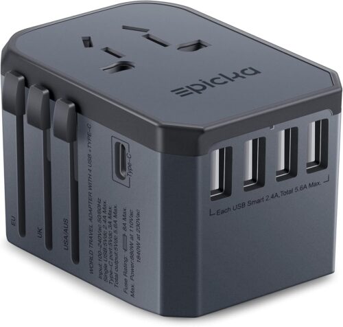 EPICKA Universal Travel Adapter One International Wall Charger AC Plug Adaptor with 5.6A Smart Power and 3.0A USB Type-C for USA EU UK AUS (TA-105, Space Gray)