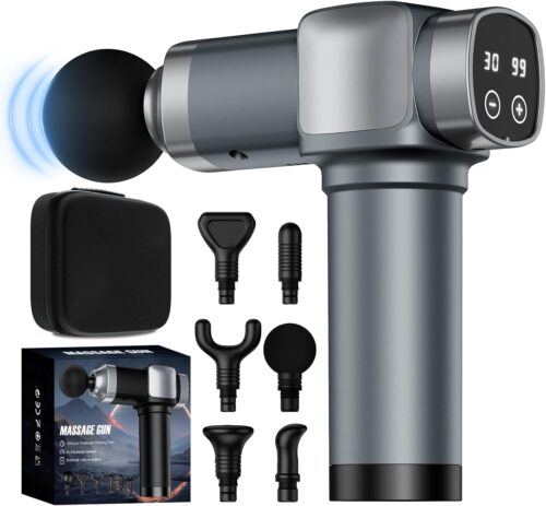 Massage Gun, Deep Tissue Massage Gun for Pain Relief, Handheld Electric Muscle Back Massager, Super Quiet Percussion Electric Massager with 30 Speed Levels 6 Massage Heads, Carry Case (Grey)