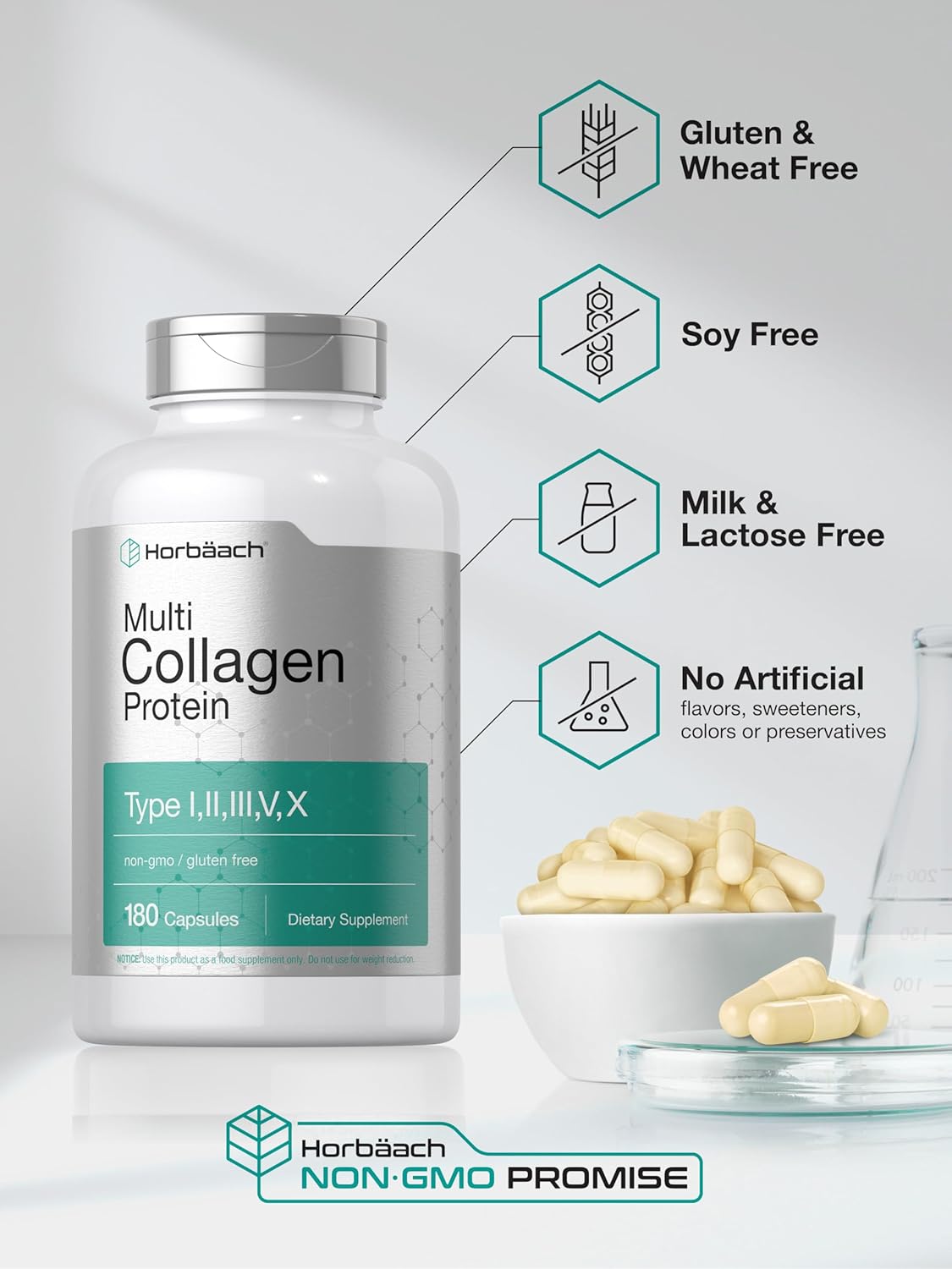 Horbäach Multi Collagen Protein 2000 mg | 180 Capsules | Hydrolyzed Collagen Type I, II, III, V, X | Keto & Paleo Friendly, Non-GMO, Gluten Free Supplement - Image 5