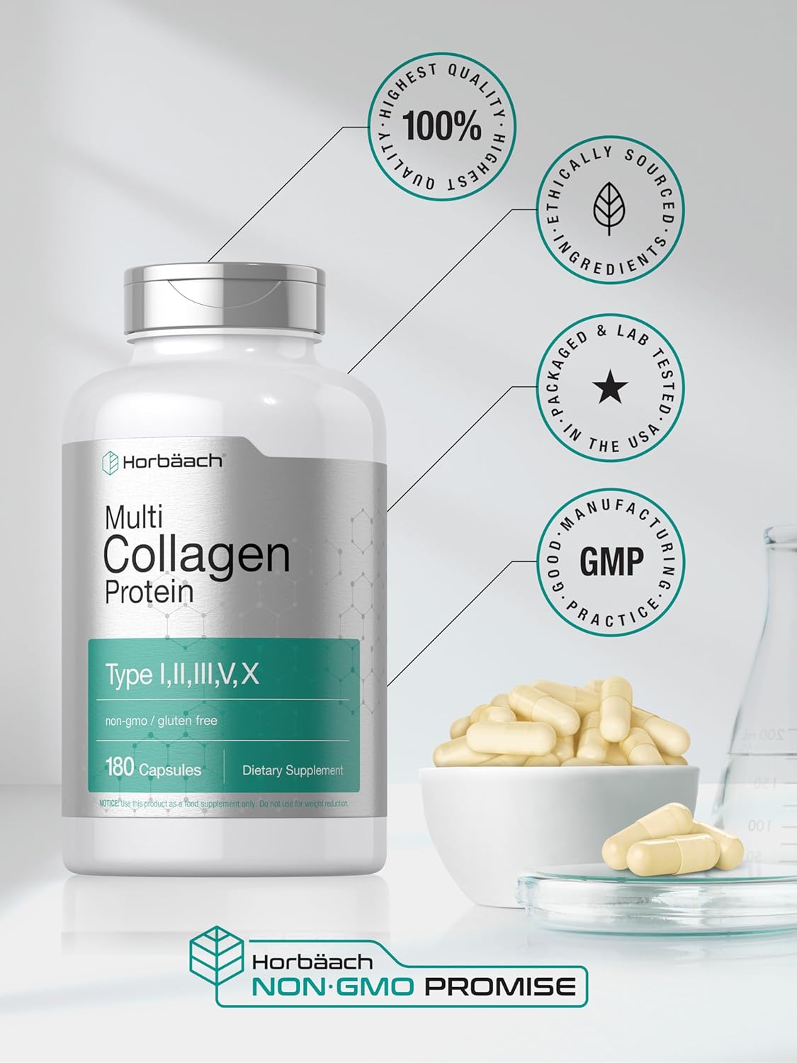 Horbäach Multi Collagen Protein 2000 mg | 180 Capsules | Hydrolyzed Collagen Type I, II, III, V, X | Keto & Paleo Friendly, Non-GMO, Gluten Free Supplement - Image 6