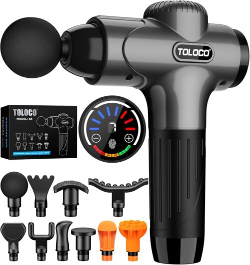 TOLOCO Massage Gun Deep Tissue, Percussion Massage Gun with 10 Replacement Heads, Super Quiet Portable Electric Massager for Athletes, Relax, Gray