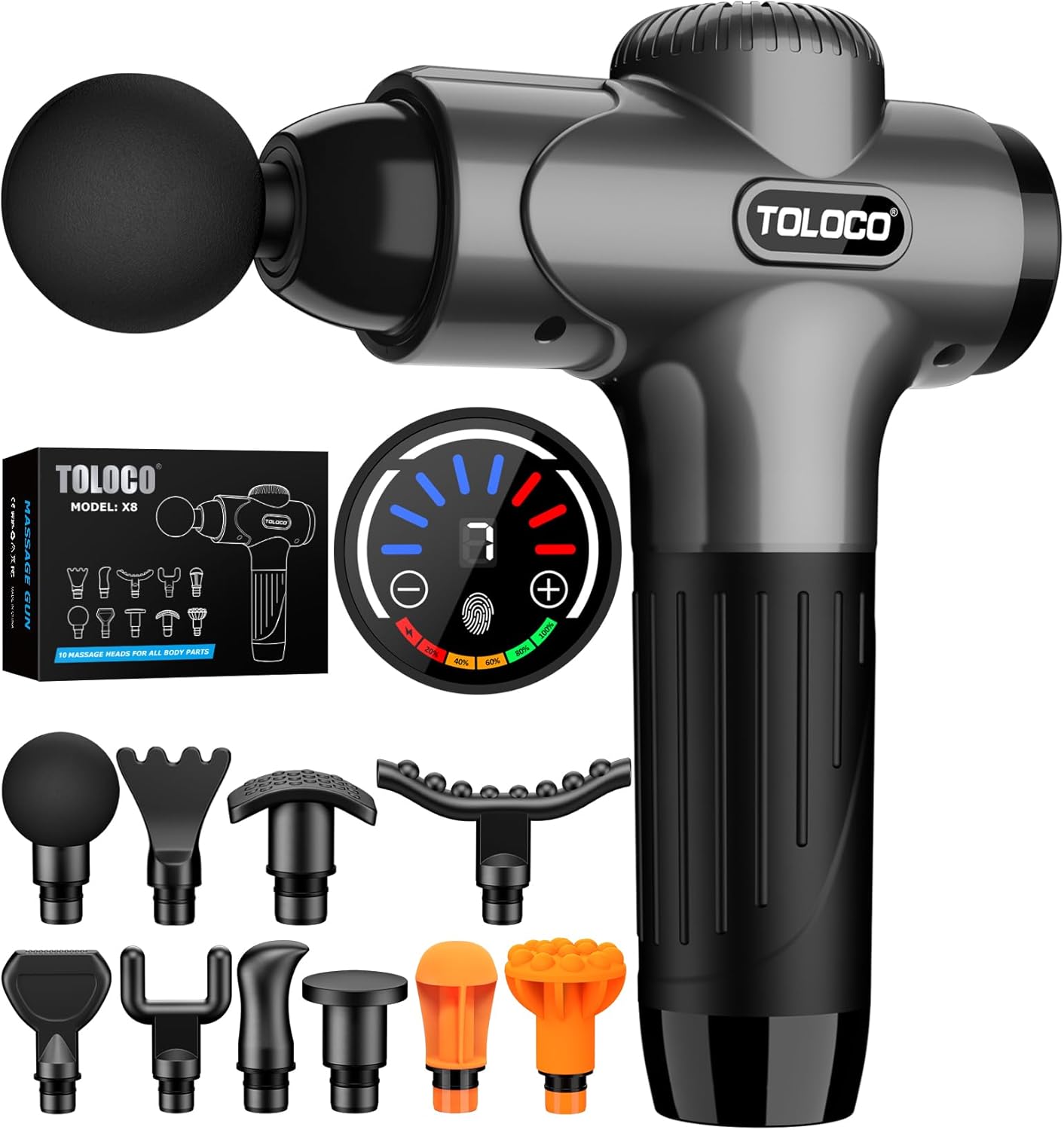 TOLOCO Massage Gun Deep Tissue, Percussion Massage Gun with 10 Replacement Heads, Super Quiet Portable Electric Massager for Athletes, Relax, Gray
