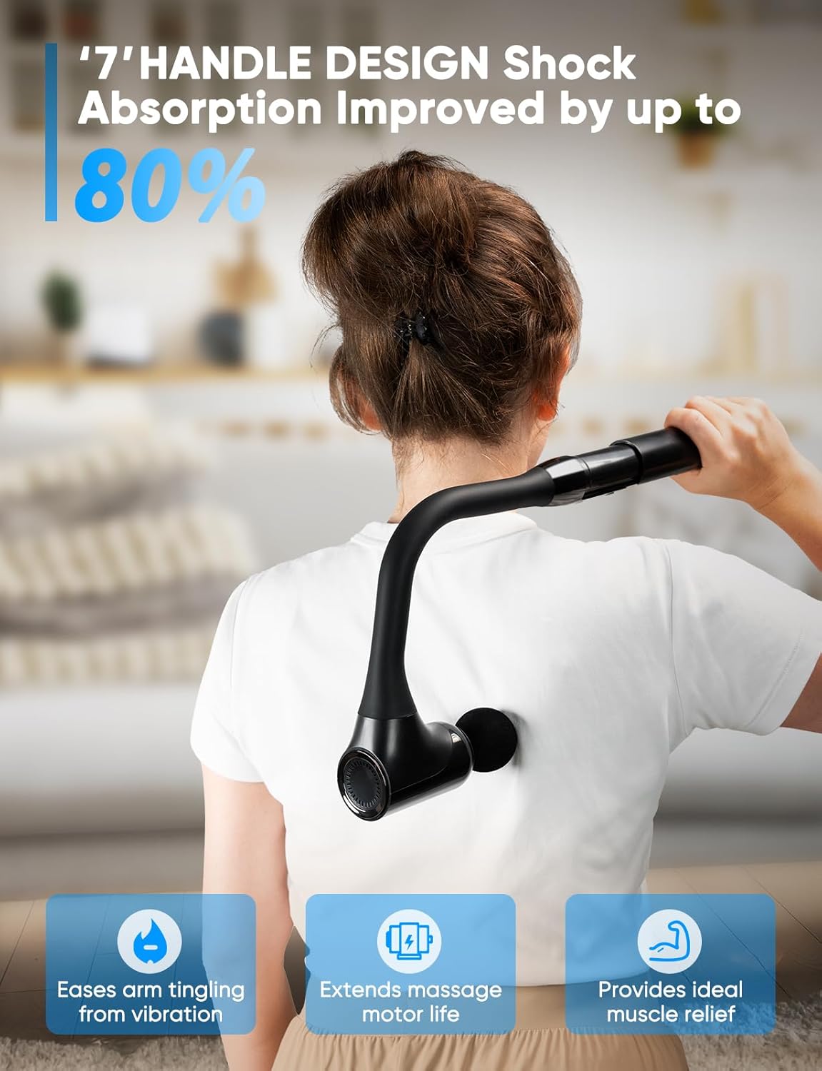 Massage Gun Deep Tissue - Back Massager for Pain Relief Deep Tissue with Extended Handle, 12MM Percussion Less-Shock Neck/Foot/Leg/Shoulder Massager, Infinitely Adjustable Speed & 4 Replaceable Heads - Image 3