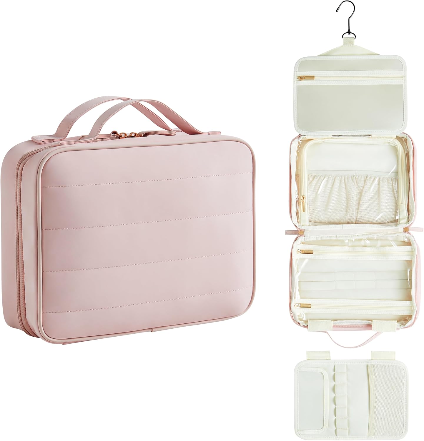 Toiletry Bag, Travel Bag for Women & Men, Portable Cosmetic Bag with Hanging Hook, Durable, Waterproof for Shampoo, Makeup, Essentials, Toiletries Acessories (Pink)