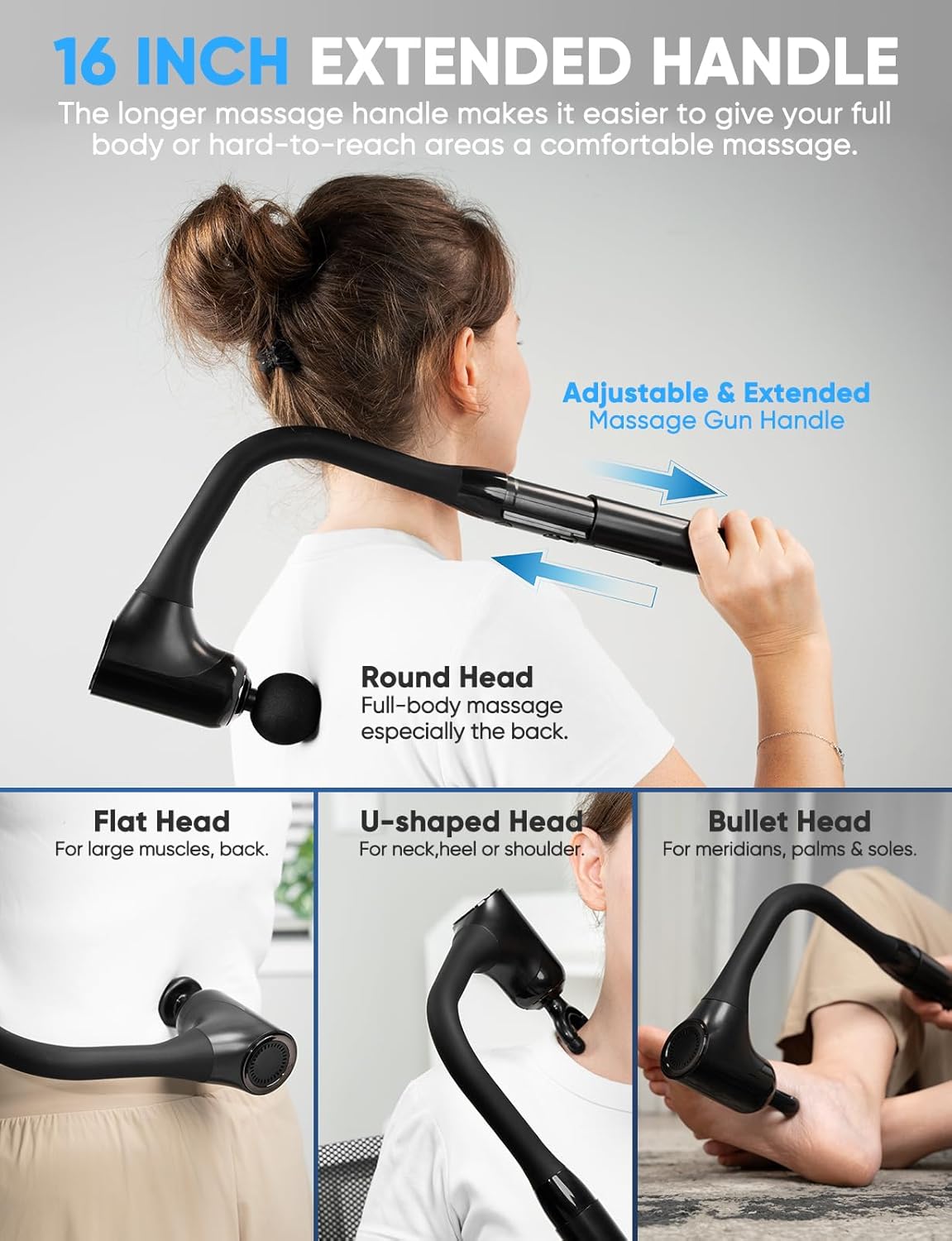 Massage Gun Deep Tissue - Back Massager for Pain Relief Deep Tissue with Extended Handle, 12MM Percussion Less-Shock Neck/Foot/Leg/Shoulder Massager, Infinitely Adjustable Speed & 4 Replaceable Heads - Image 6