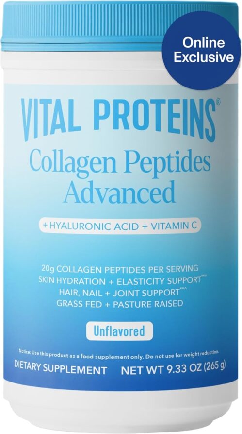 Vital Proteins Grass Fed Collagen Powder Supplement Hydrolyzed Peptides with Hyaluronic Acid and Vitamin C – Non-GMO, Dairy & Gluten Free Unflavored, 9.33oz