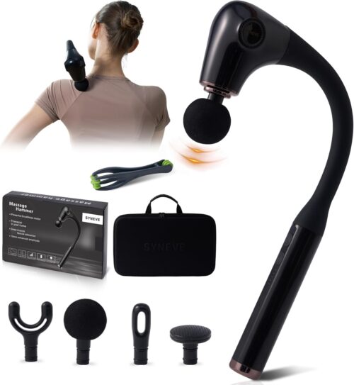 Deep Tissue Massage Gun with Ergonomic Long Extension Handle – Deep Tissue Muscle Massager with Quiet Brushless Motor for Back Neck Shoulders Waist Legs – Includes Carry Bag and Finger Massaging Tool