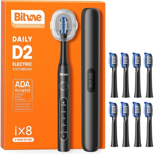 Bitvae Ultrasonic Electric Toothbrush for Adults and Kids, ADA Accepted Travel Electric Toothbrush with Rechargeable 60-Day Battery Life, 8 Toothbrush Heads, 5 Modes, Toothbrush Holder, Shadow Black