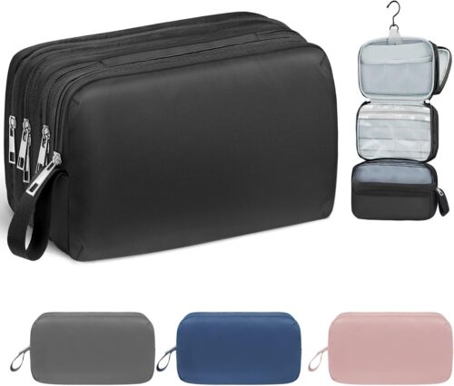 TOPEAST Toiletry Bag – Travel Toiletry Bag Hanging Mens Toiletry Bag with Shaving Bag, Water-Resistant Travel Bag for Toiletries, Christmas Gifts, Mesh Pocket for Cables, Cords and Chargers,Black
