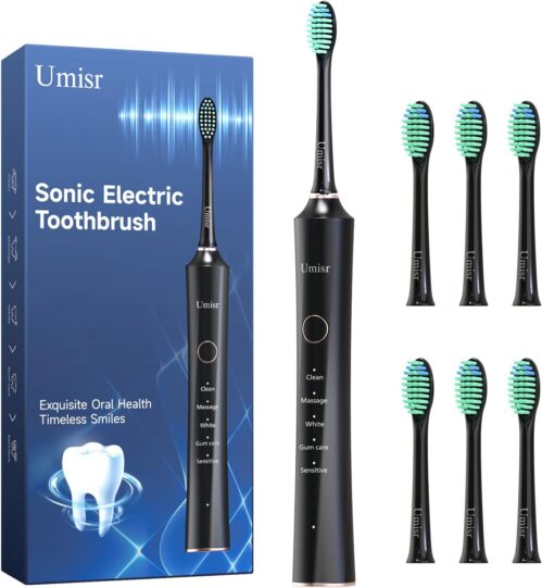 Electric Toothbrush,Rechargeable Sonic Electronic Toothbrush for Adults,with 6 Replacement Heads,5 Modes,2 Minutes Timer,IPX7 Waterproof,Black