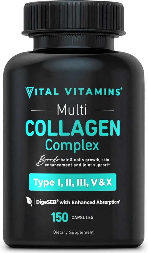 Vital Vitamins Multi Collagen for Women & Men – Type I, II, III, V, X – Grass Fed, Non-GMO – 150 Capsules