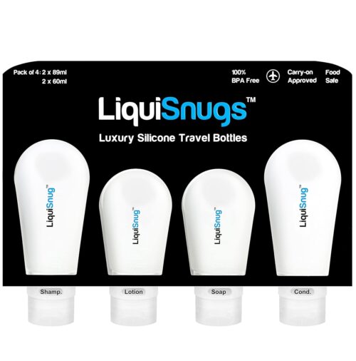 LiquiSnugs Premium – 100% Guaranteed Leak Proof Silicone Travel Bottles For Toiletries – TSA Approved Container. Premium Range Travel Shampoo Bottles with Suction Cups and Adjustable Labels