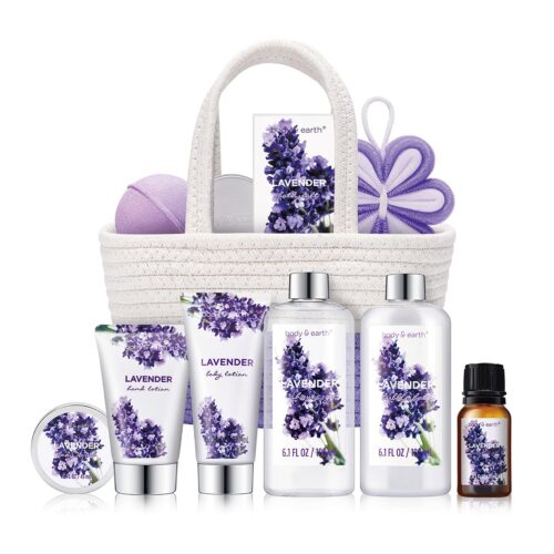 Spa Gift Baskets for Women – Body & Earth 11pcs Lavender Gift Sets with Bubble Bath, Shower Gel, Body Lotion, Birthday Gifts for Women, Spa Kit for Mom Gifts, Purple Gifts