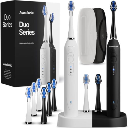 Aquasonic Duo – Dual Handle Ultra Whitening 40,000 VPM Wireless Charging Electric ToothBrushes – 3 Modes with Smart Timers – 10 Dupont Brush Heads & 2 Travel Cases Included