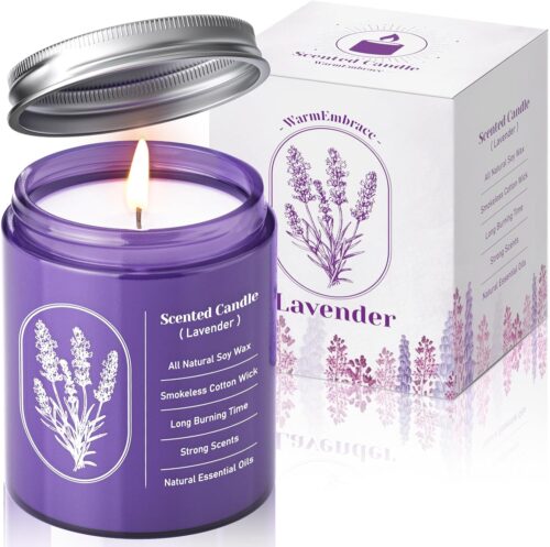 WarmEmbrace Lavender Candles for Home Scented, 7.6 oz Aromatherapy Candle, Purple Jar Candles, Natural Candles for Women, 40 Hour Long-Lasting Burn Scented Candles for Birthday – 1 Pack