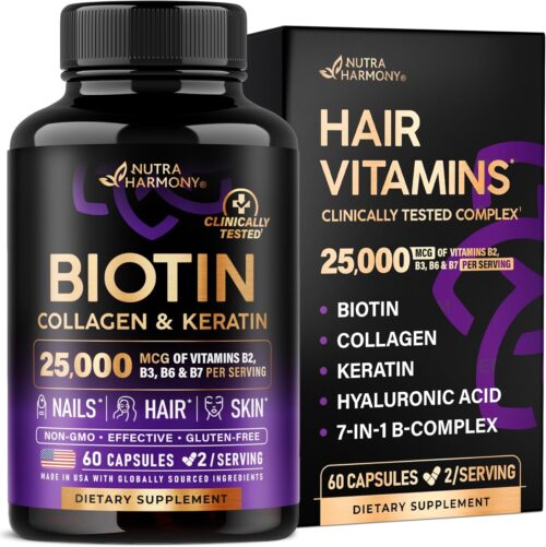 Biotin | Collagen | Keratin – Clinically Tested Supplement – Hair Growth Support, Skin & Nails – 25000 mcg Vitamins B2, B3, B6 & B7 + B1 & Hyaluronic Acid – Made in USA – Women & Men | 60 Capsules