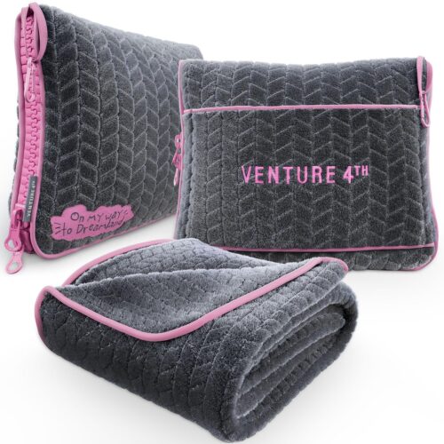 VENTURE 4TH Travel Blanket Pillow – Ultra-Soft, Compact 2-in-1 Pillow or Blanket for Airplane, Bus & Road Trips – Cozy, Lightweight & Portable for Women, Men & Kids – Gray/Pink