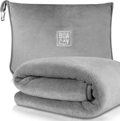 BOACAY Soft & Warm Travel Blanket for Airplane & Car – Long Flight Essential for Women, Men, Kids – Compact Pillow with Luggage Sleeve & Backpack Clip