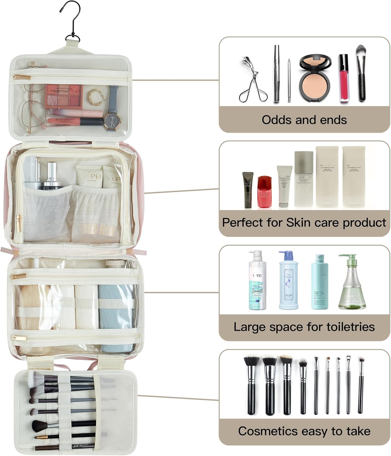 Toiletry Bag, Travel Bag for Women & Men, Portable Cosmetic Bag with Hanging Hook, Durable, Waterproof for Shampoo, Makeup, Essentials, Toiletries Acessories (Pink) - Image 2